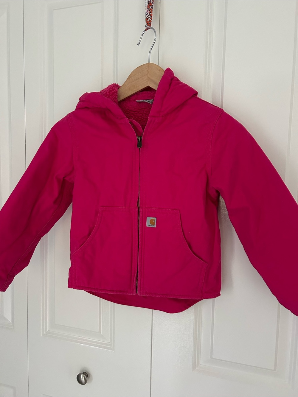 Carhartt Girls XS (6) Pink Hooded Full Zip Fleece Lined Canvas Jacket Pockets